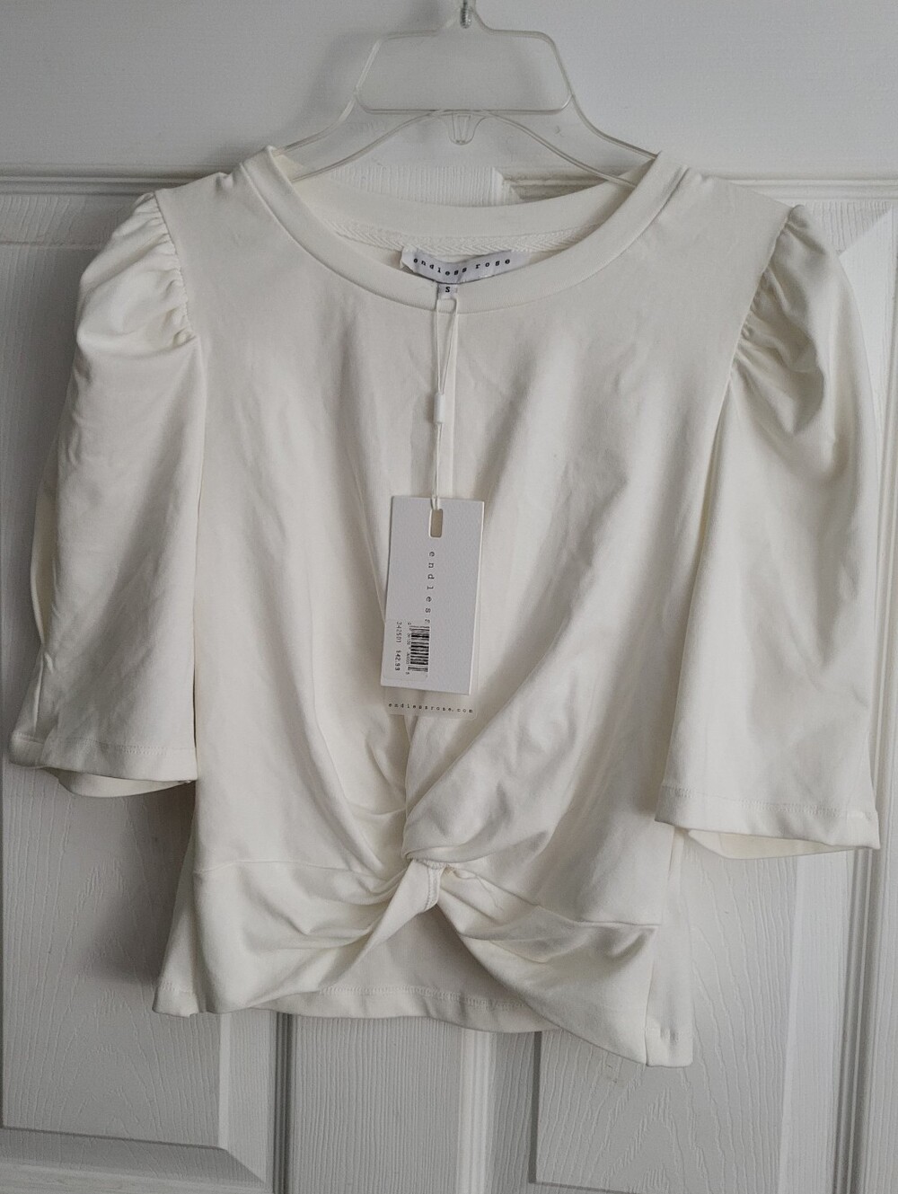 Endless Rose Cream Knot-Front Puff Sleeve Crop Top, Brand NEW